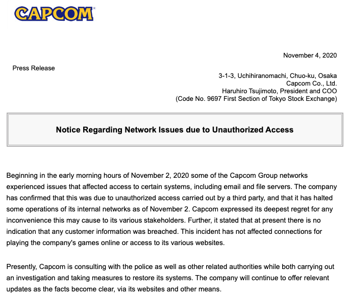 卡普空表示內部網路有第三方未授權侵入
