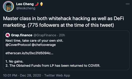 Leo Cheng 則在推特上表示，這真是同步做白帽駭客跟 DeFi 行銷的經典案例。